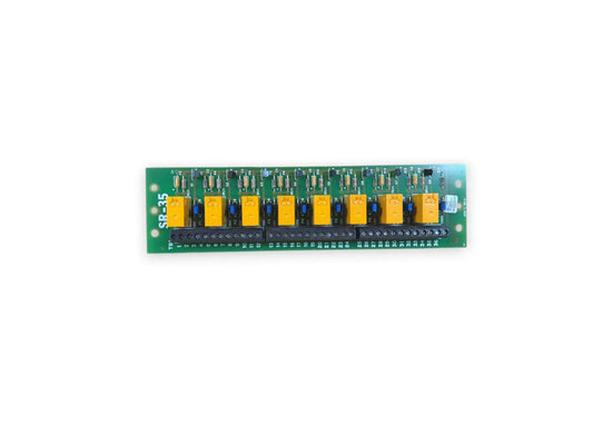 SR-35 fire alarm control panel circuit board with yellow relays and terminal connectors