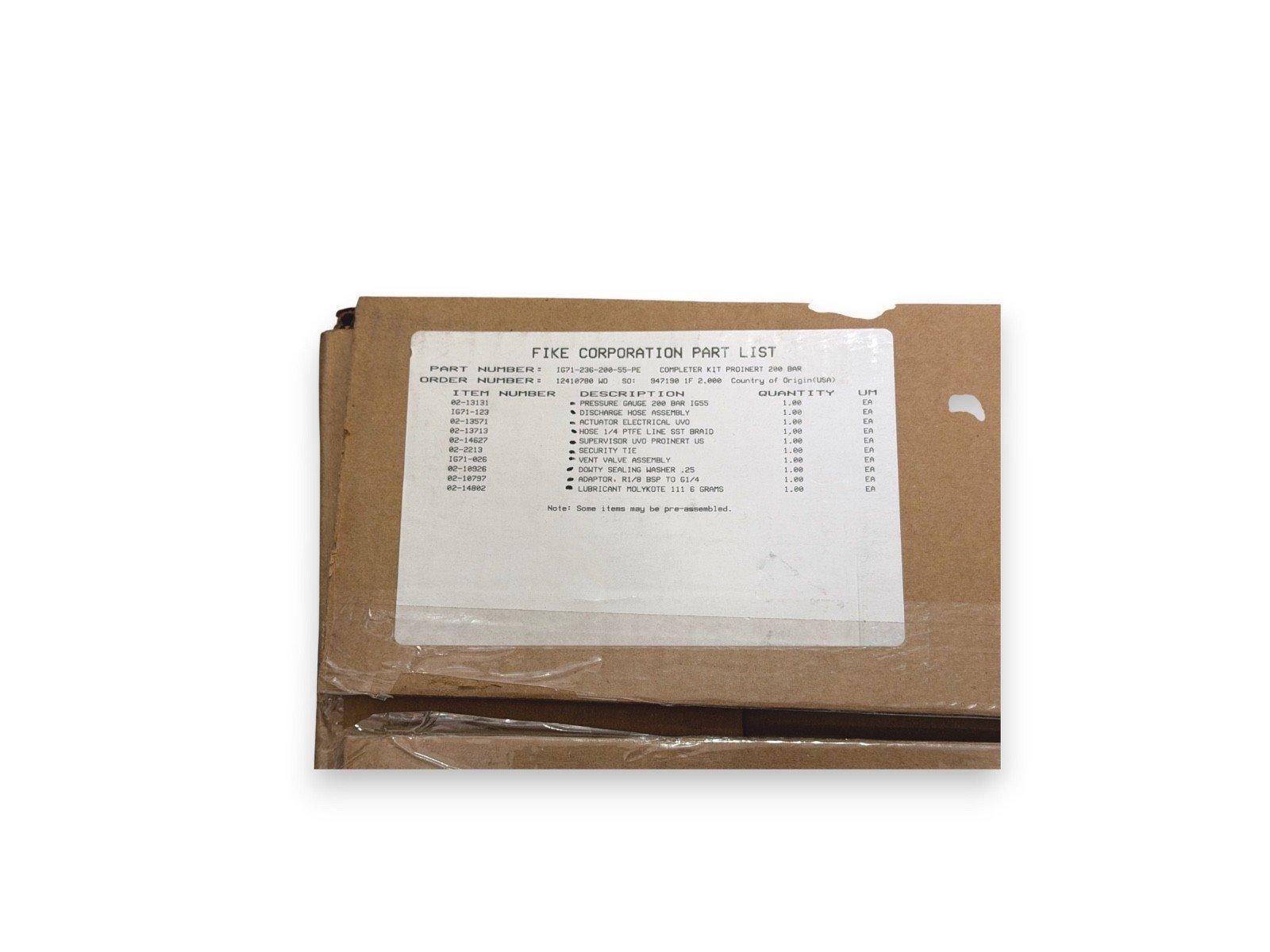Fike Corporation fire alarm equipment part list in sealed cardboard box, used fire safety components