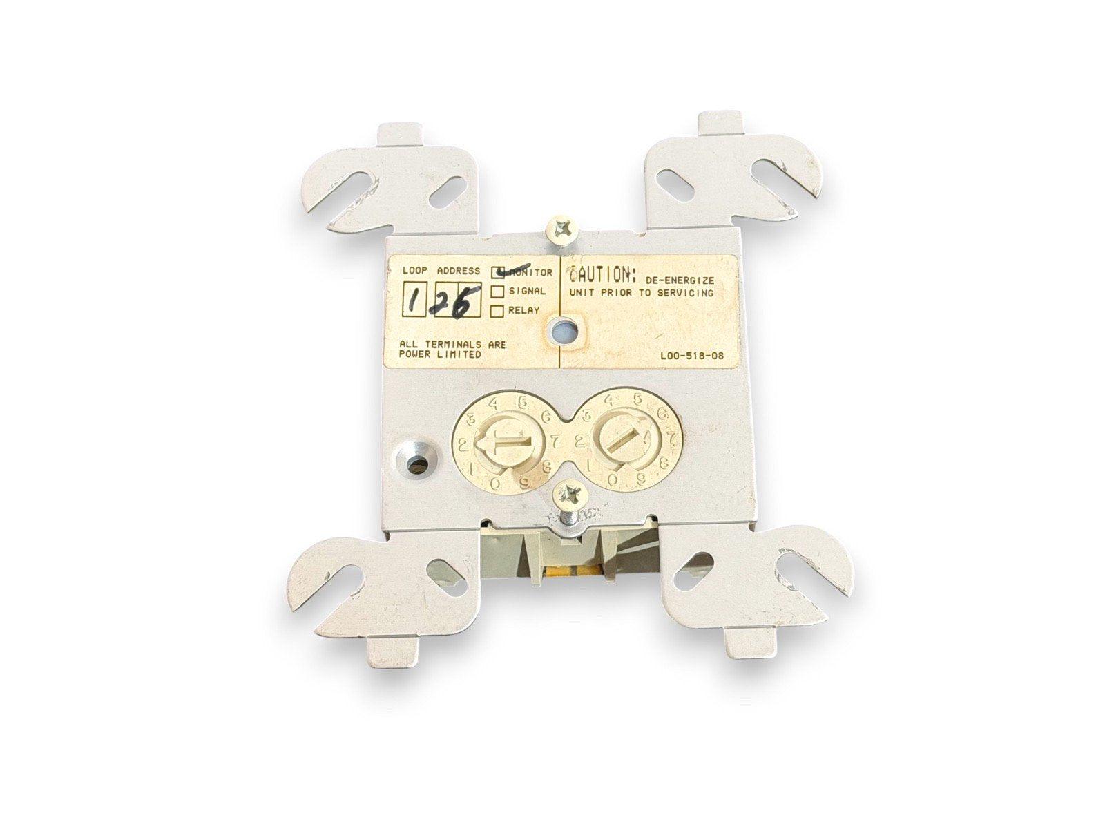 Fire alarm control module with loop address 126, monitor setting, and rotary dials for system configuration.