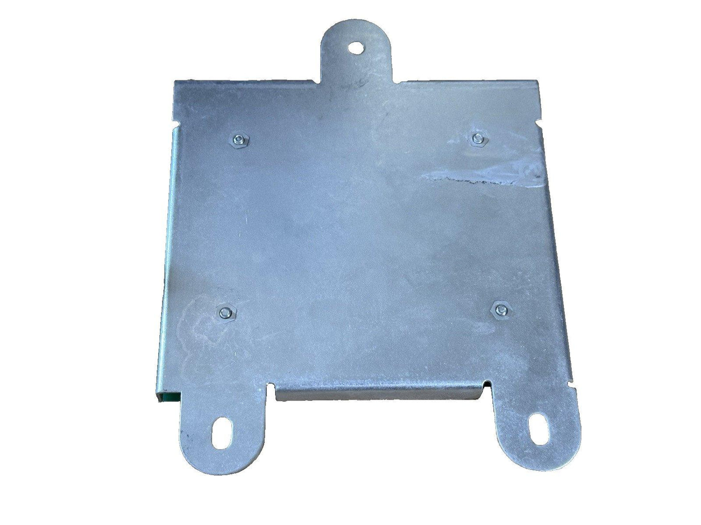 Metal fire alarm mounting bracket with screw holes and hanging tabs for secure installation