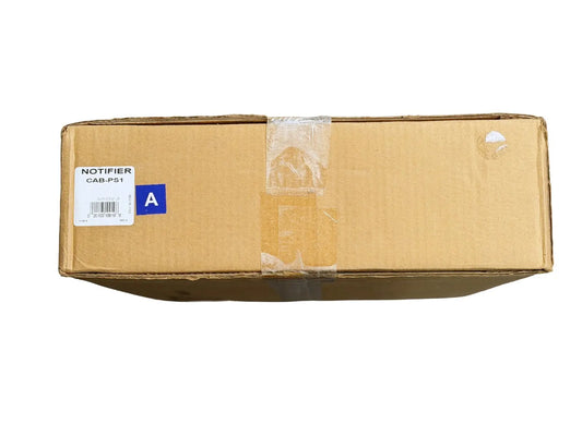 Brown cardboard box labeled "NOTIFIER CAB-PS1," sealed with clear tape, viewed from above.