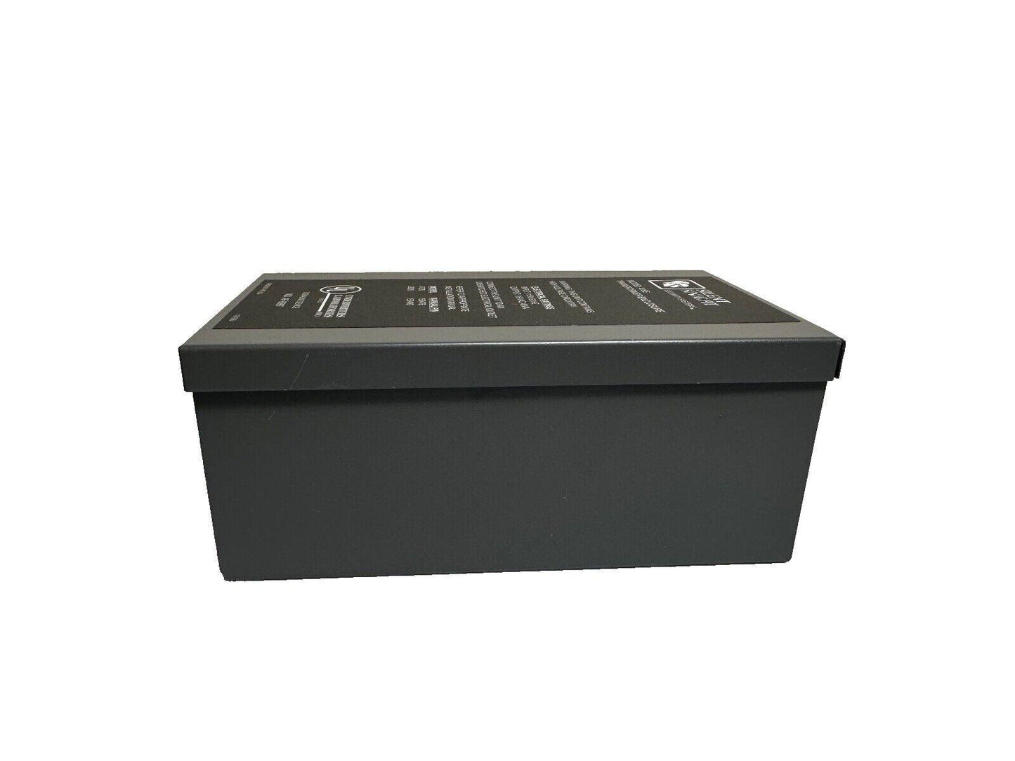 Black fire alarm battery for commercial security systems, compact design with label details