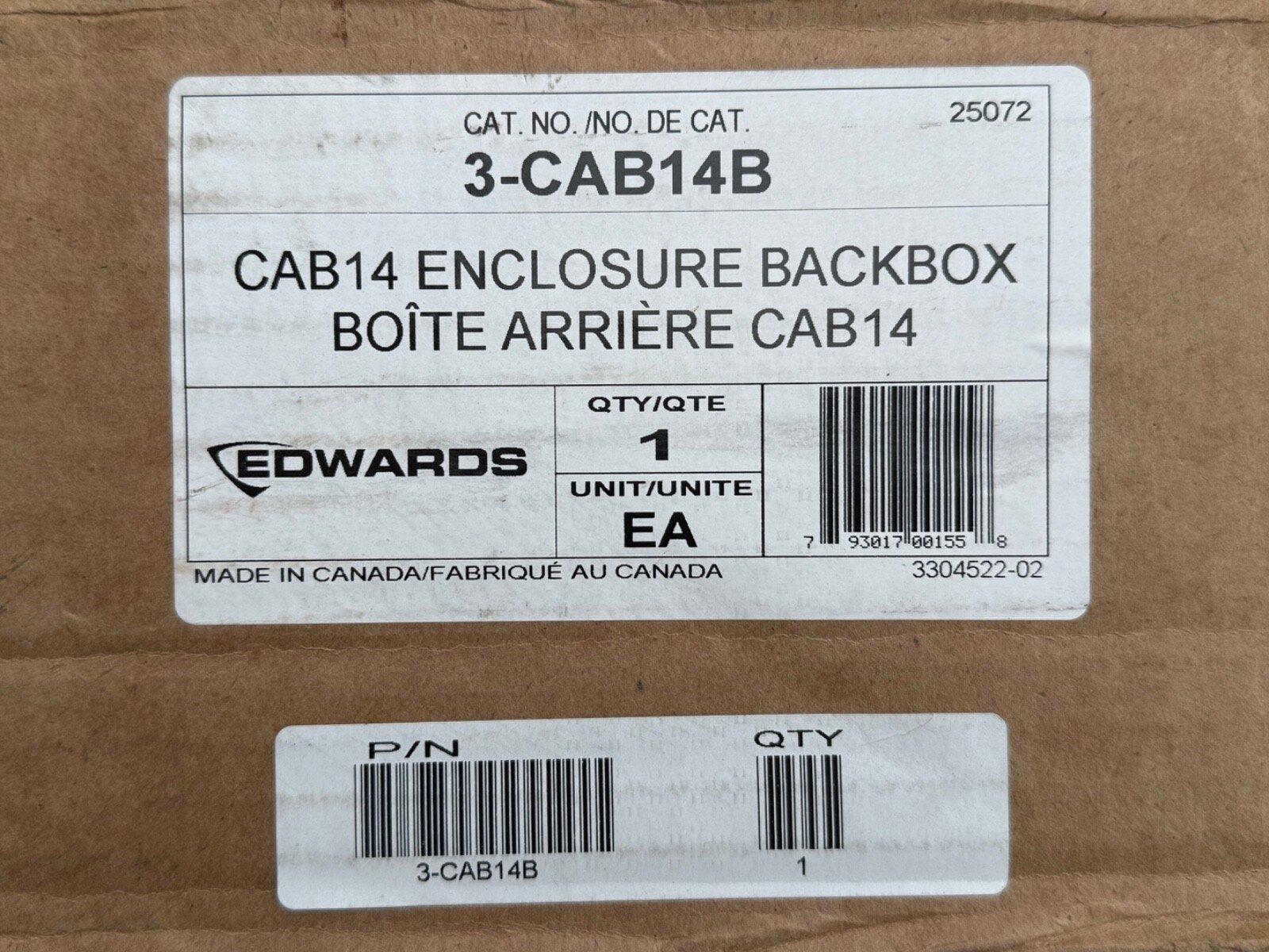 Edwards CAB14 Enclosure Backbox 3-CAB14B fire alarm equipment label on cardboard box