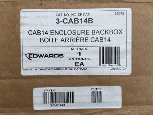 Edwards CAB14 Enclosure Backbox 3-CAB14B fire alarm equipment label on cardboard box