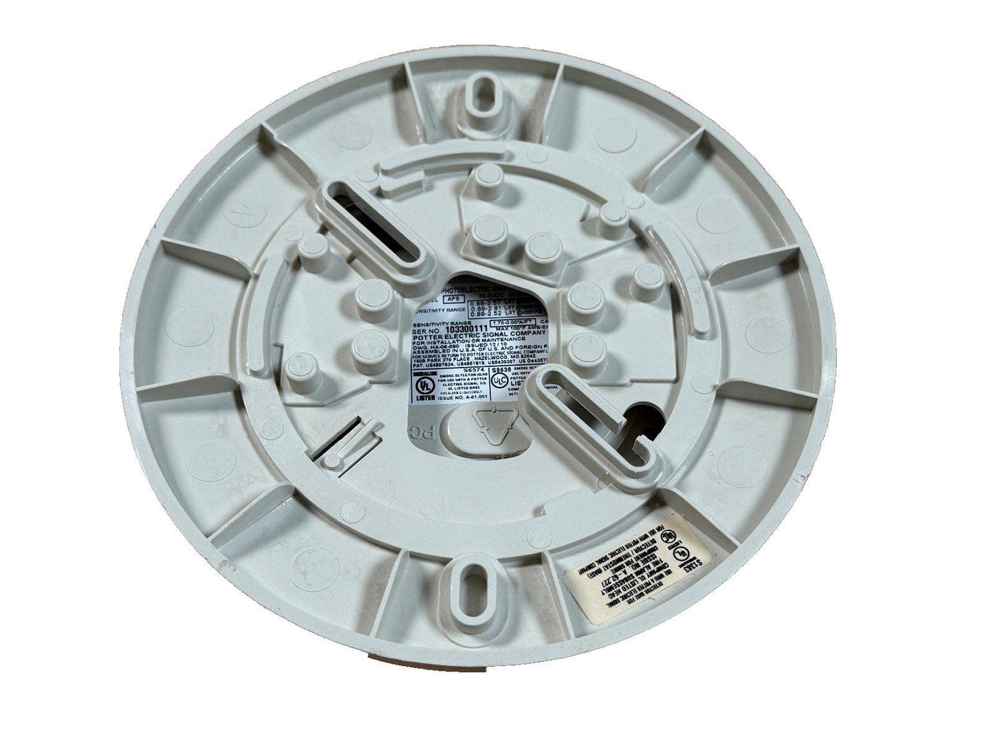 Potter S6574 smoke detector base with mounting clips and UL listing label, fire alarm equipment