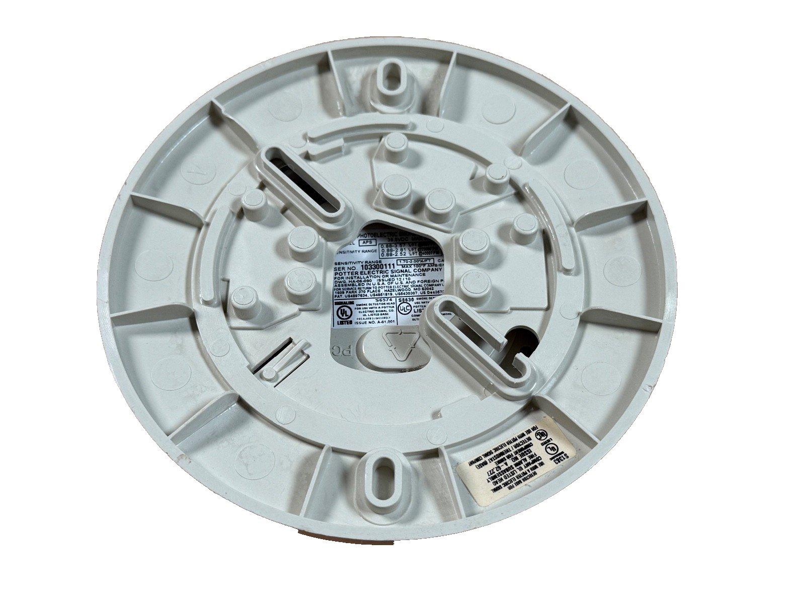 Potter S6574 smoke detector base with mounting clips and UL listing label, fire alarm equipment