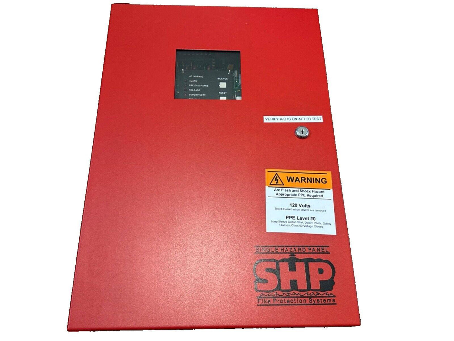 Red SHP Single Hazard Panel fire alarm control unit with warning label and status indicators