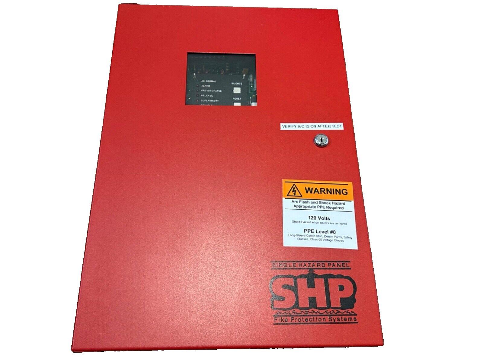 Red SHP Single Hazard Panel fire alarm control unit with warning label and status indicators