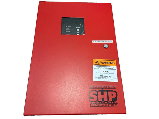 Red SHP Single Hazard Panel fire alarm control unit with warning label and status indicators