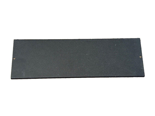 Black fire alarm panel cover with mounting holes, used fire safety equipment