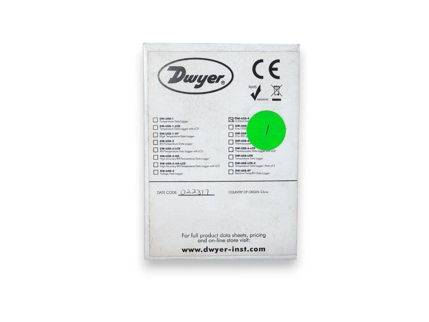 Dwyer DW-USB-4 4-20mA Data Logger label with CE RoHS certification, green sticker, and model list