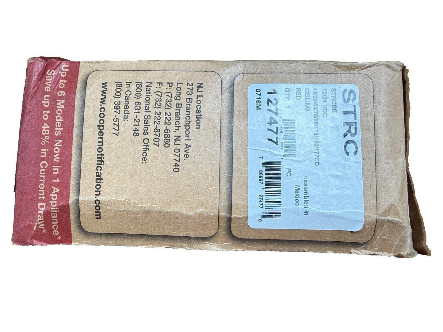 Cooper Notification fire alarm strobe light packaging, model 127477, 12/24 VDC, red ceiling mount