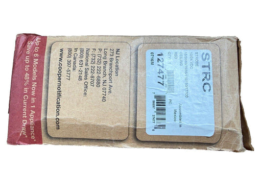 Cooper Notification fire alarm strobe light packaging, model 127477, 12/24 VDC, red ceiling mount