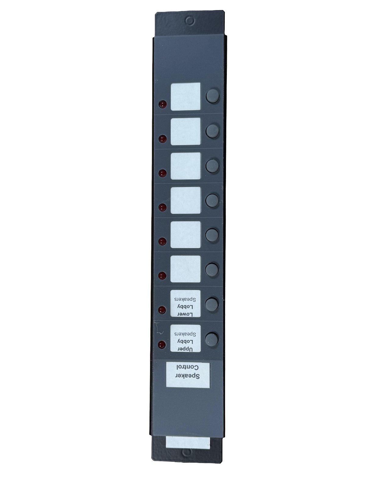 Fire alarm speaker control panel with zone buttons and indicator lights for lobby and upper/lower levels