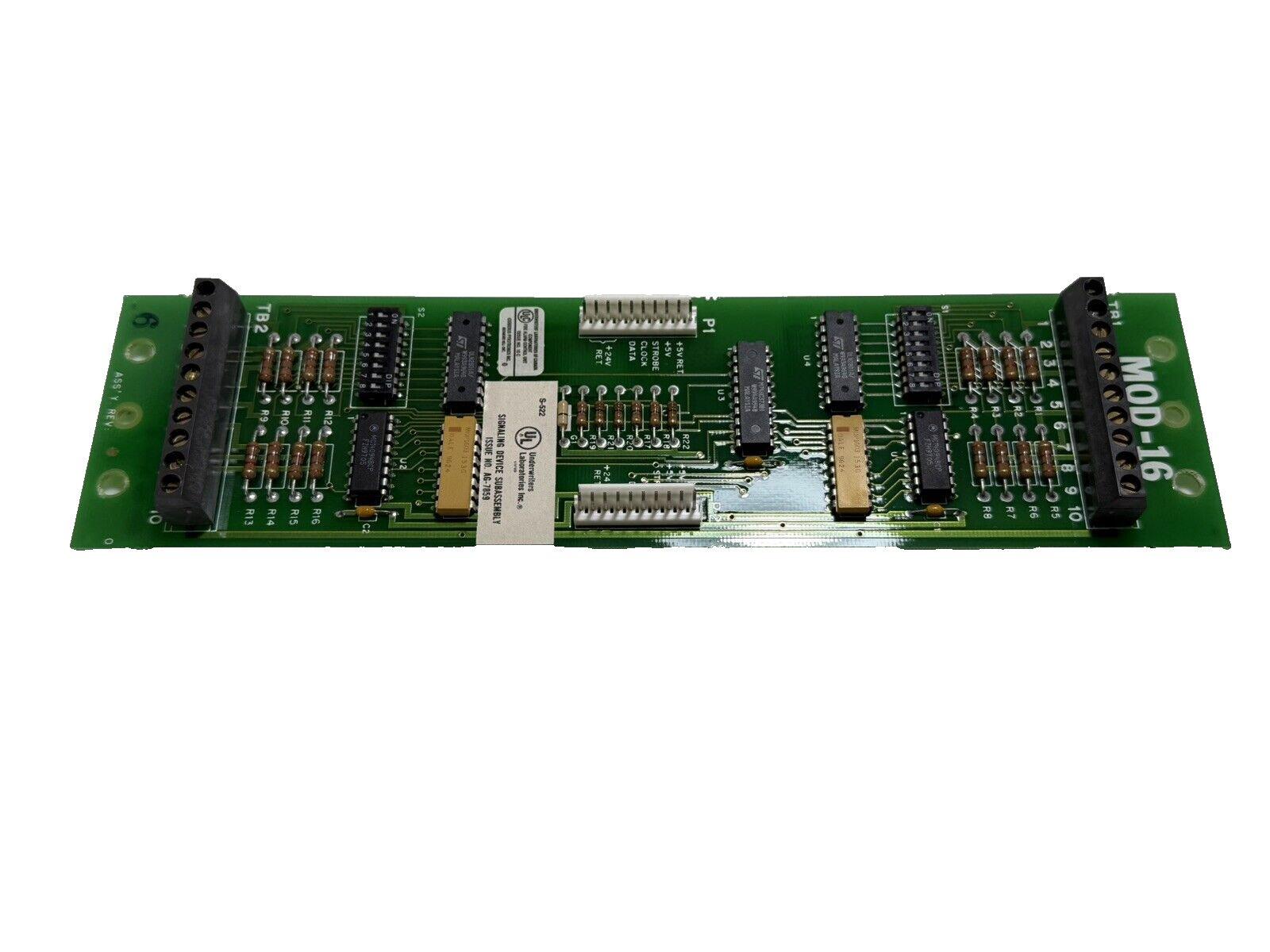 MOD-16 fire alarm control panel circuit board with UL listing, resistors, and connectors for signaling devices