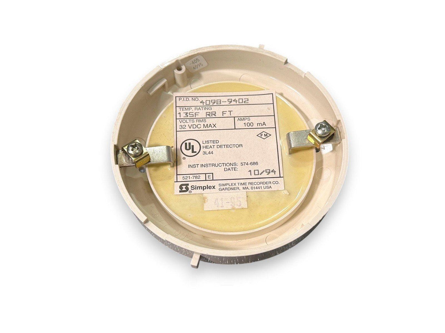 Simplex 4098-9402 heat detector with UL listing, 135F rating, 32V DC max, used fire alarm component