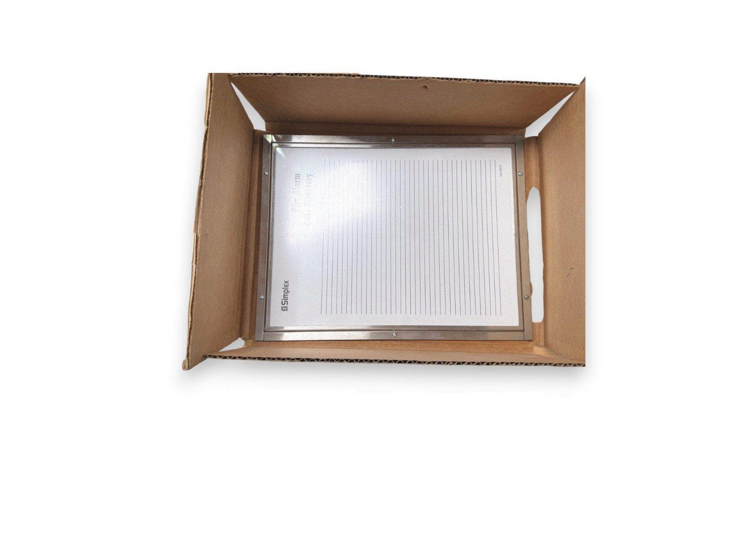 Simplex fire alarm call station in open box, stainless steel panel with lined paper
