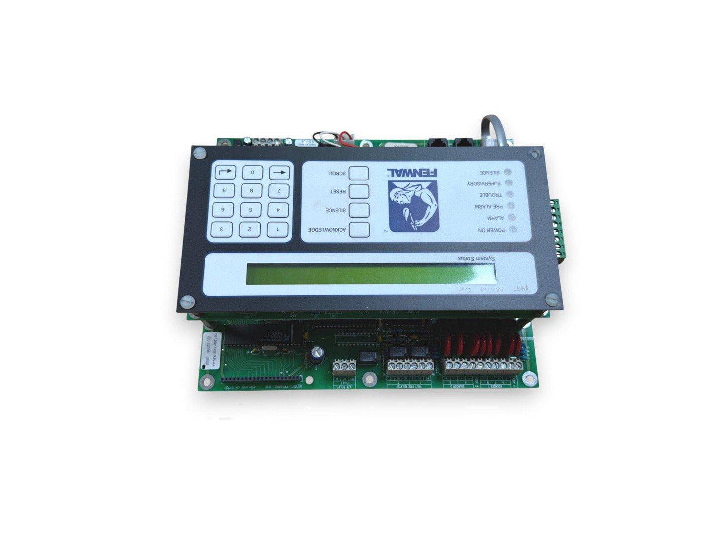 Fenwal fire alarm control panel with keypad, status indicators, and LCD display for system monitoring
