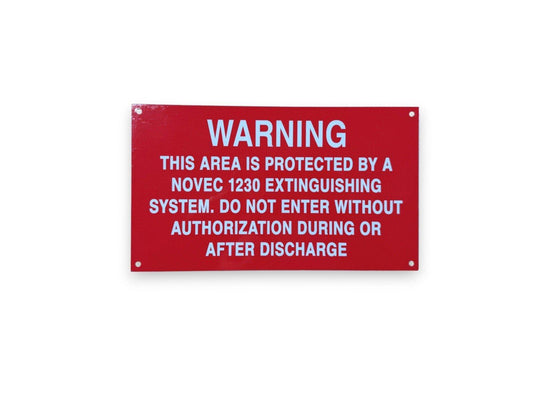 Red warning sign for NOVEC 1230 extinguishing system, fire safety equipment