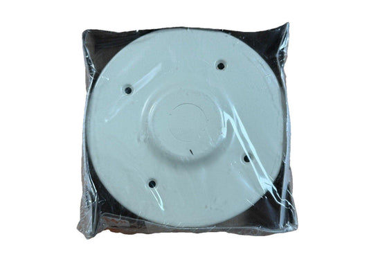 White fire alarm base plate in plastic wrap, ready for installation
