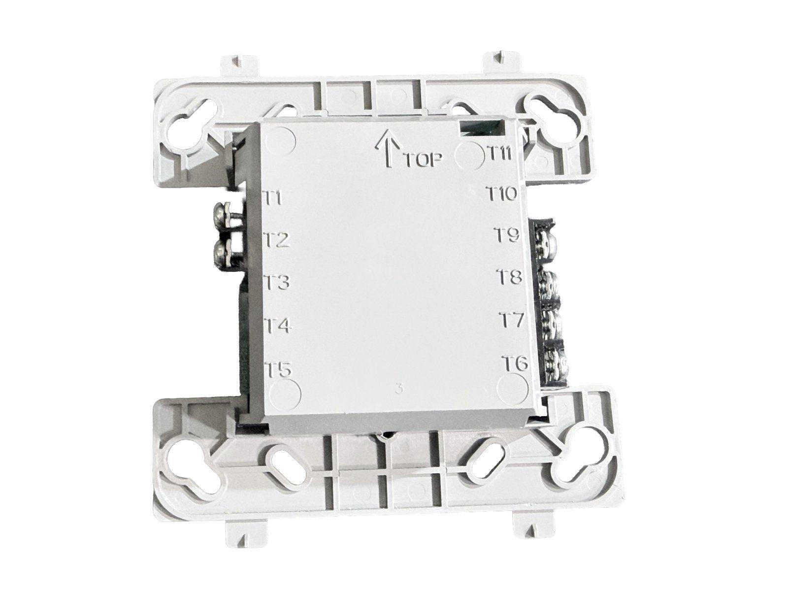 Fire alarm control module with terminal labels T1-T11, white plastic housing, top orientation marked