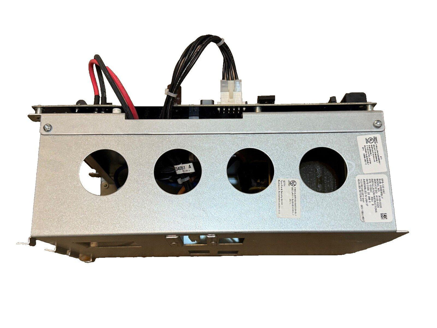 Fire alarm control panel with wiring and circular ports, UL listed for commercial use