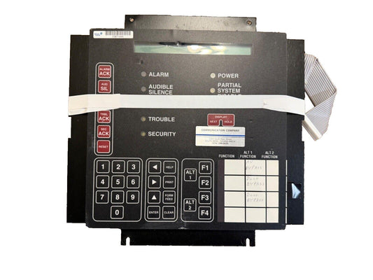 Fire alarm control panel with keypad, status indicators, and bypass labels for security and trouble alerts