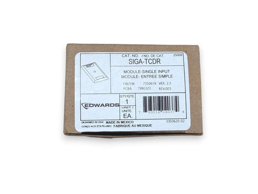 Edwards SIGA-TCDR single input fire alarm module in original packaging, cat no 25008