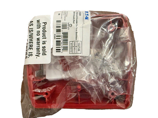 Eaton ESBK red wall-mount fire alarm backbox, packaged with warranty disclaimer label