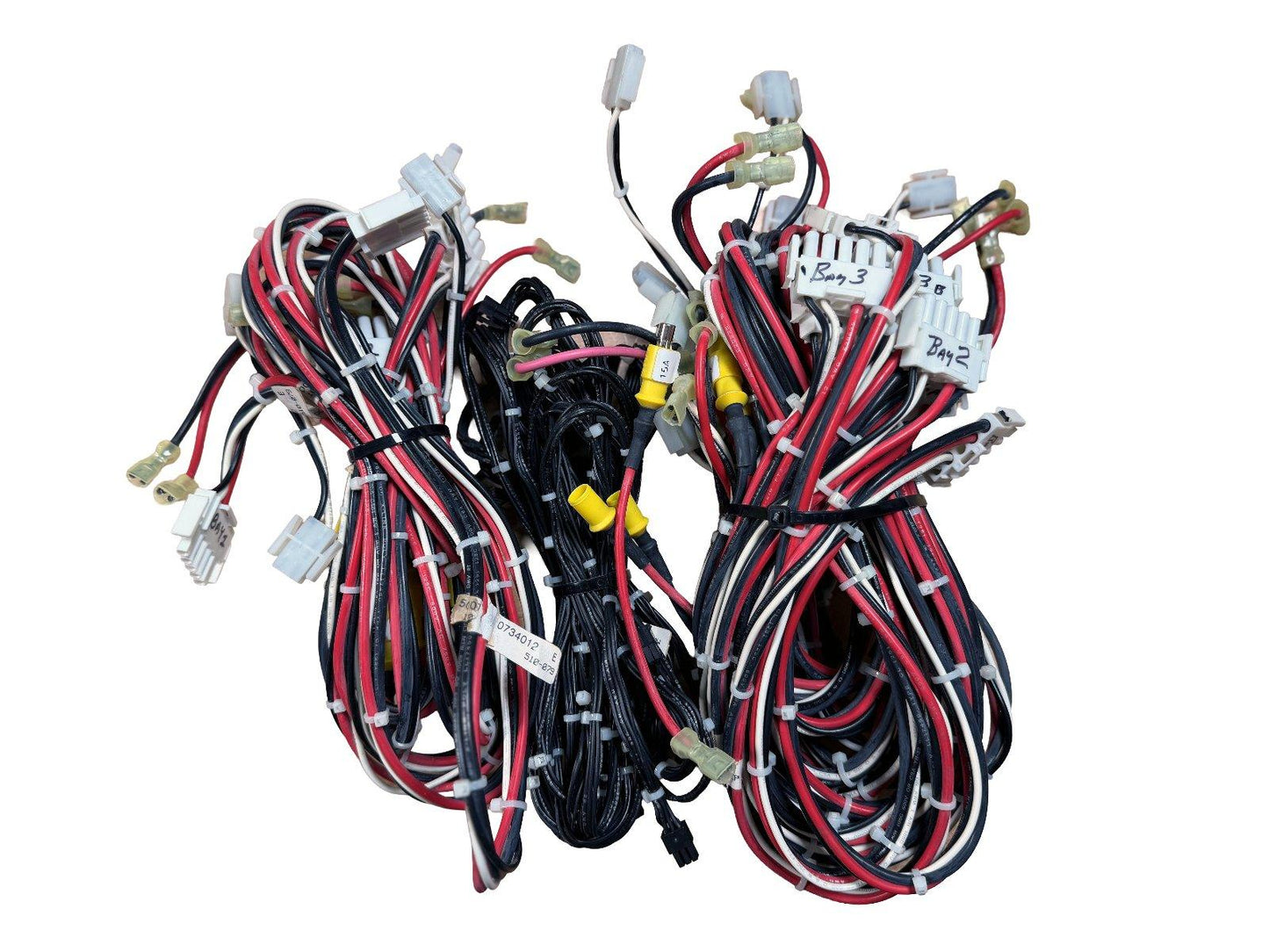 Fire alarm wiring harness with labeled connectors and color-coded cables for system installation