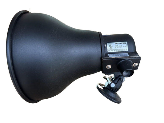 Black fire alarm speaker horn, Type F.G, UL listed, made in Korea, for emergency notification systems