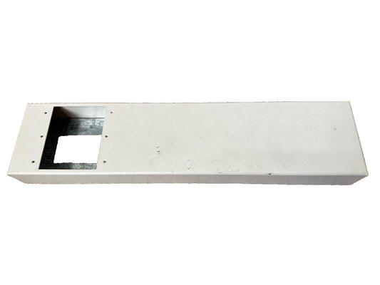 White fire alarm control panel enclosure with cutout and mounting holes