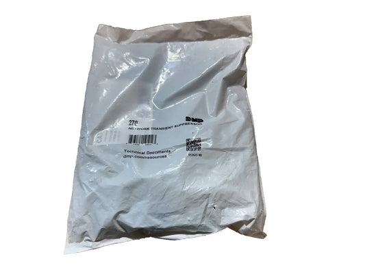 DMP 270 Network Transient Suppressor in sealed packaging, showcasing a white pouch with printed label and logo.