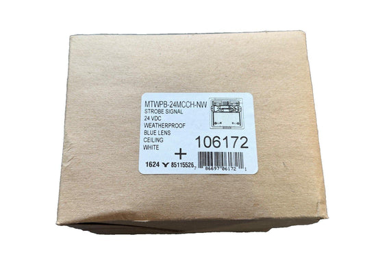 Weatherproof 24VDC strobe signal with blue lens, ceiling mount, white housing in original packaging