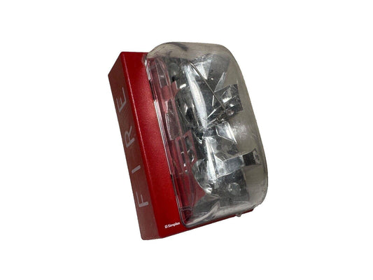 Red Simplex fire alarm pull station with clear cover and FIRE label