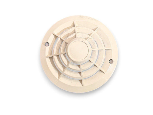 Beige fire alarm smoke detector with vented design and mounting screws, for commercial or residential use