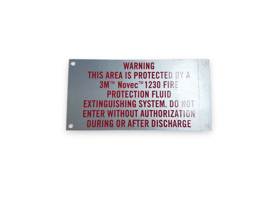 3M Novec 1230 Fire Protection Fluid Discharge Sign Metal 10 inch x 5 inch (NEW)