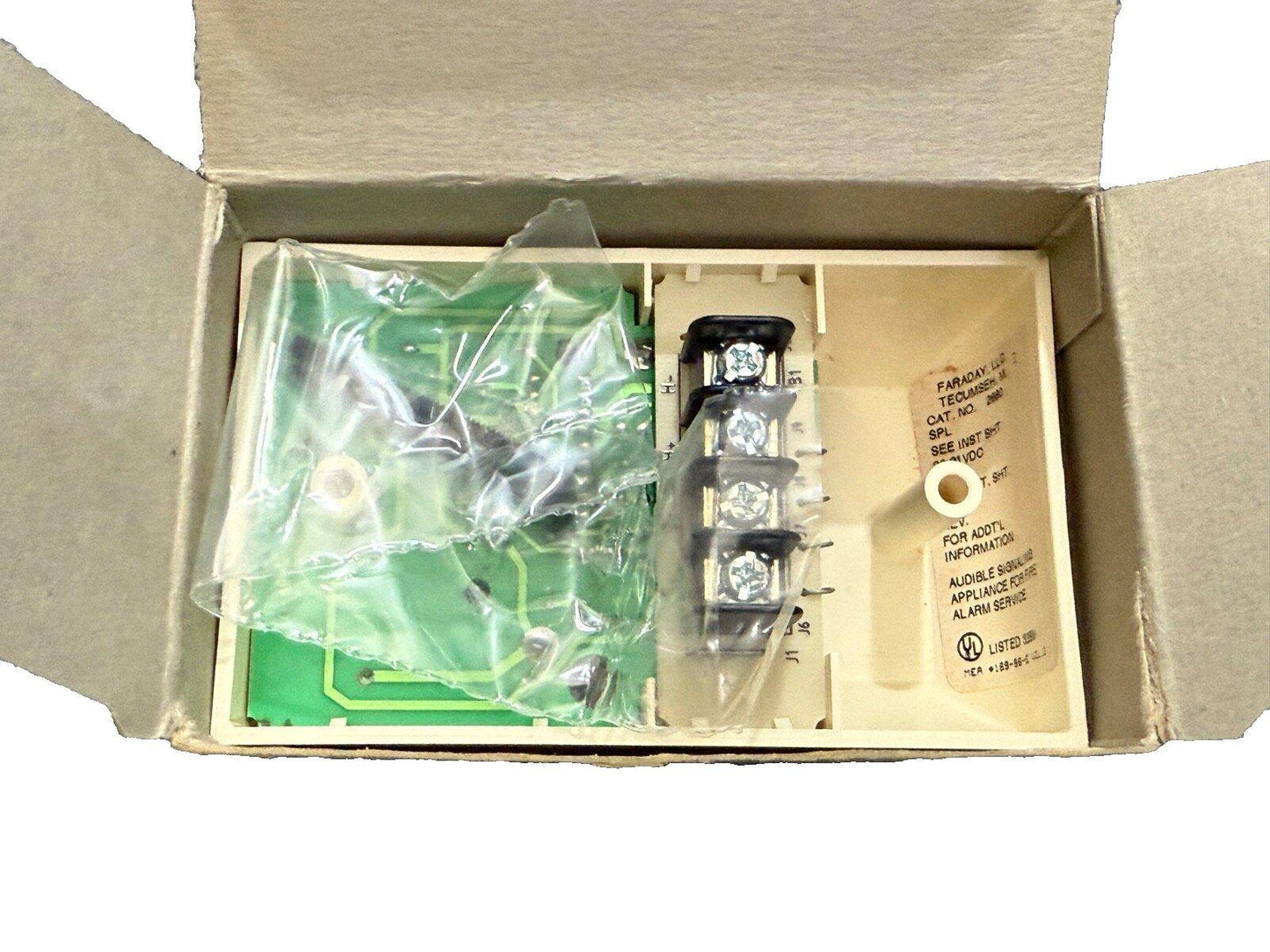 Faraday fire alarm control module with circuit board and terminal block in original box