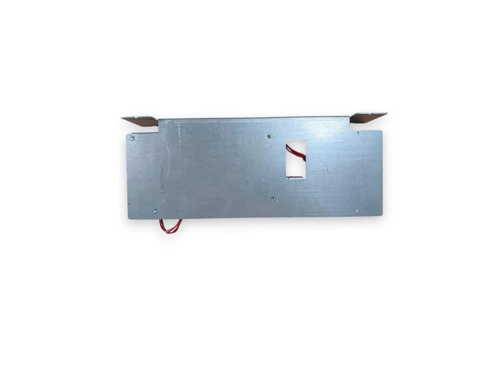 Metal fire alarm control panel backplate with red wiring, mounting brackets, and screw holes for installation