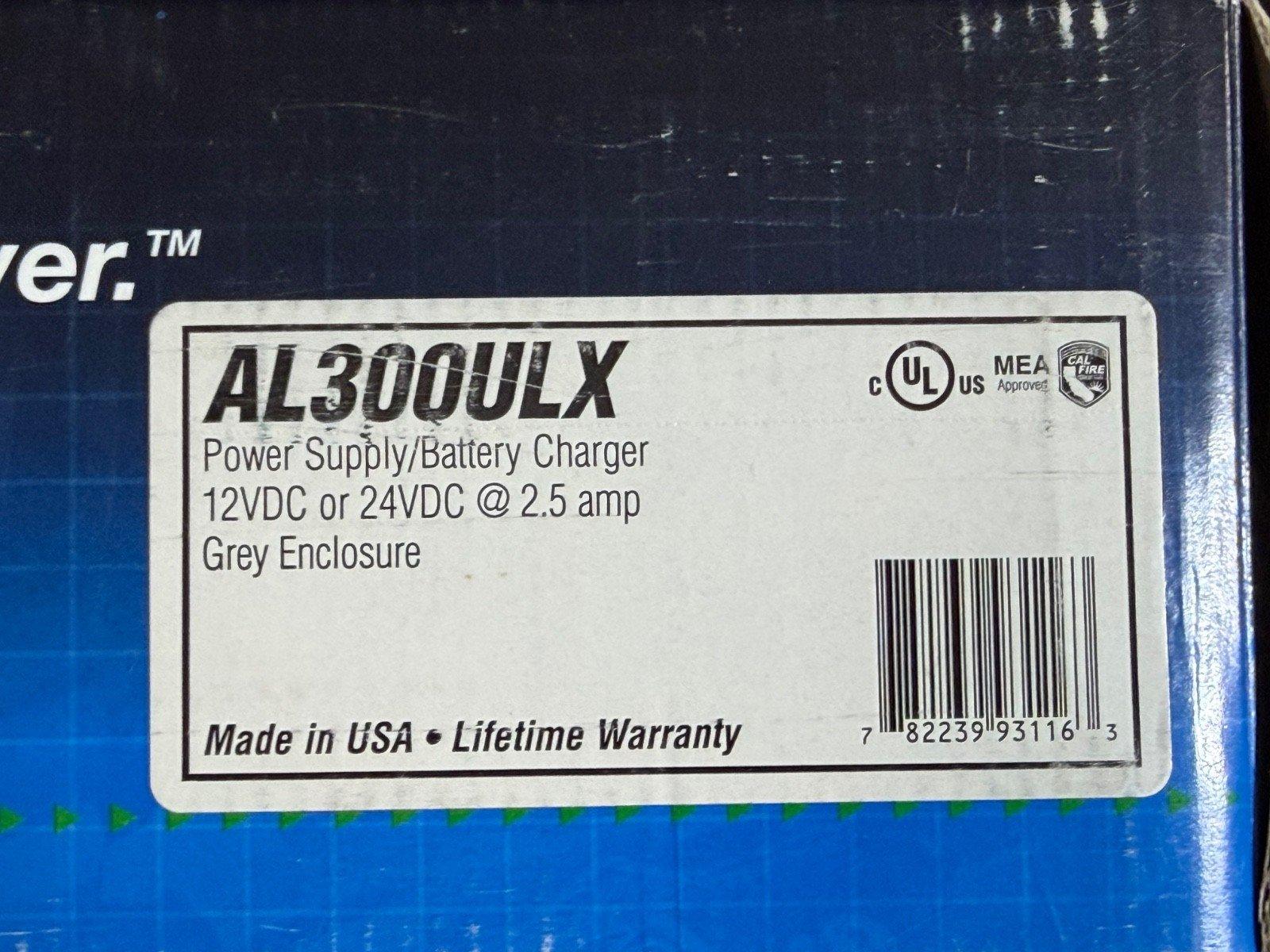 AL300ULX fire alarm power supply/battery charger, 12VDC or 24VDC, grey enclosure, UL listed, Made in USA