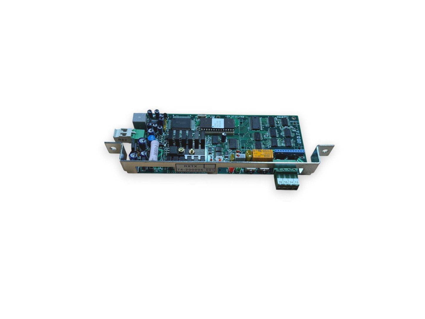 Fire alarm control panel circuit board with RX/TX ports and connectors for fire safety systems