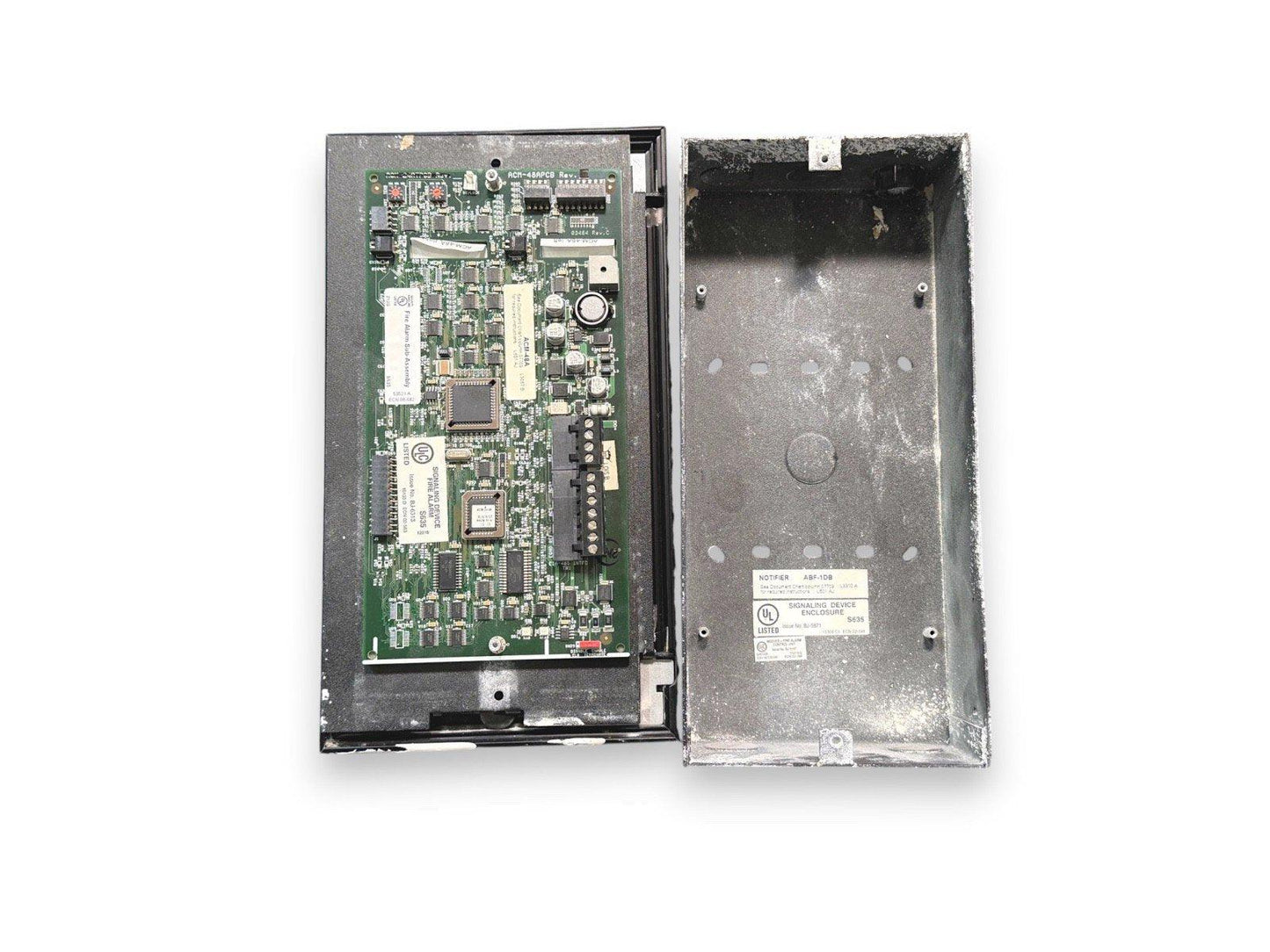 Used fire alarm control panel with circuit board and metal enclosure, UL listed signaling device
