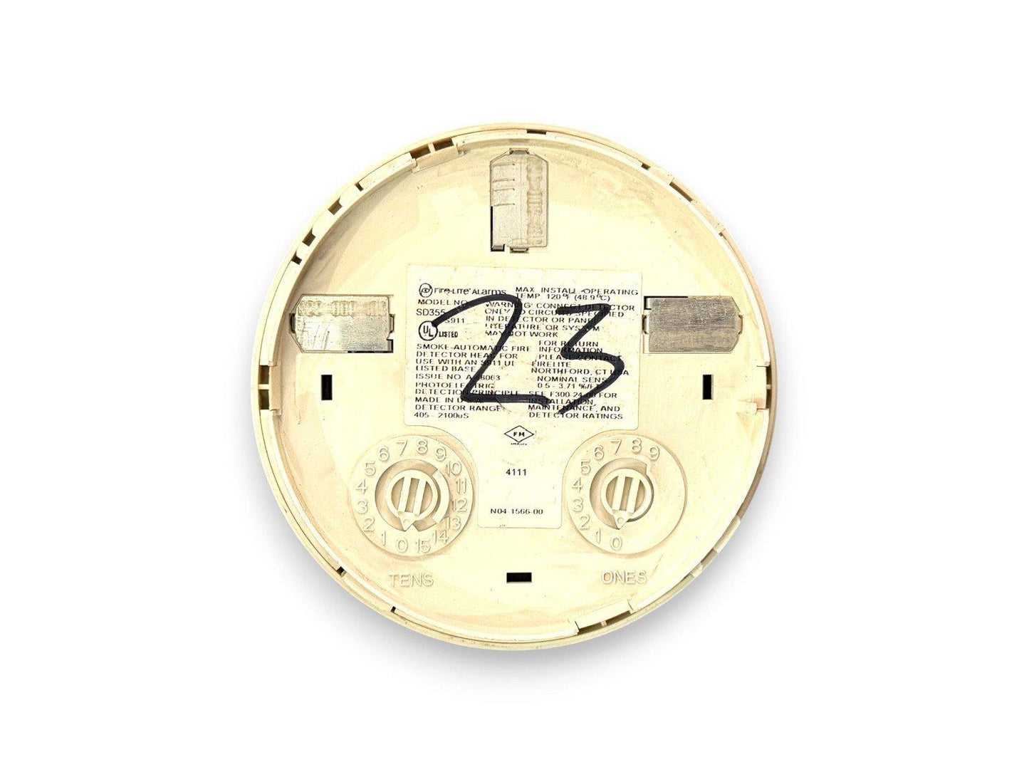 Firelite SD355 smoke detector backplate with address dials and UL listing label