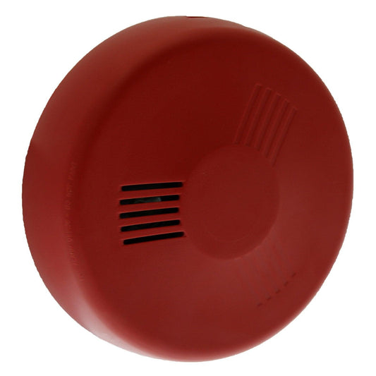 Red fire alarm device with vent slots, for home or commercial fire safety systems