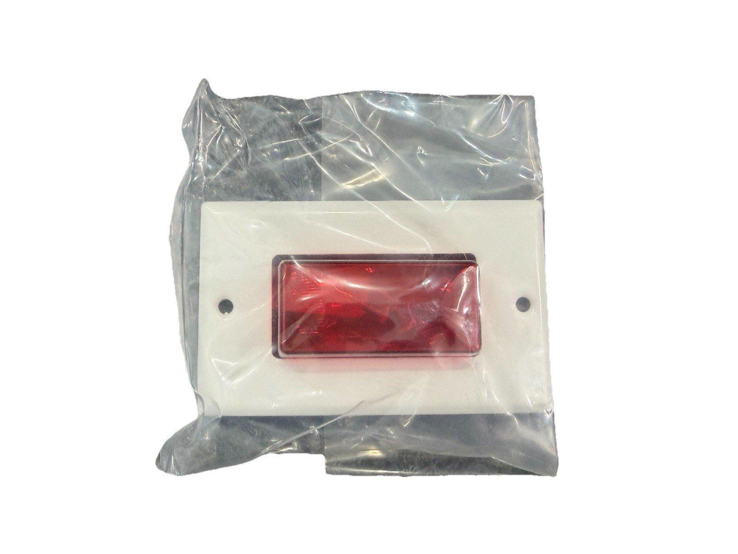 Red fire alarm indicator light in clear packaging, white base with mounting holes