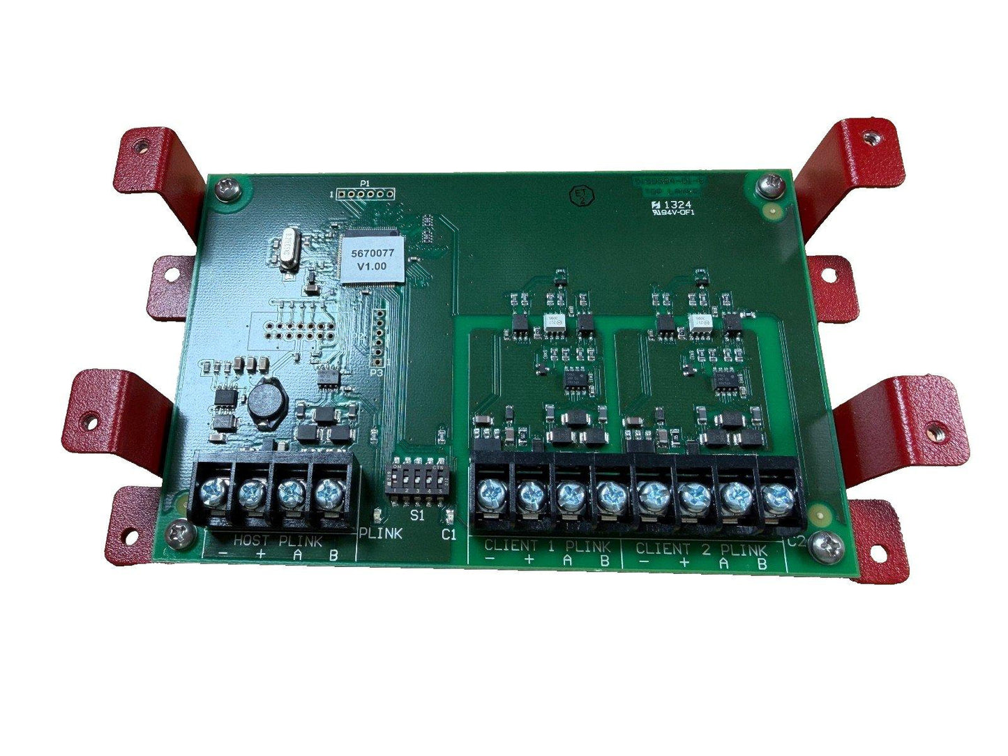 Fire alarm control panel circuit board with PLINK connectors and red mounting brackets