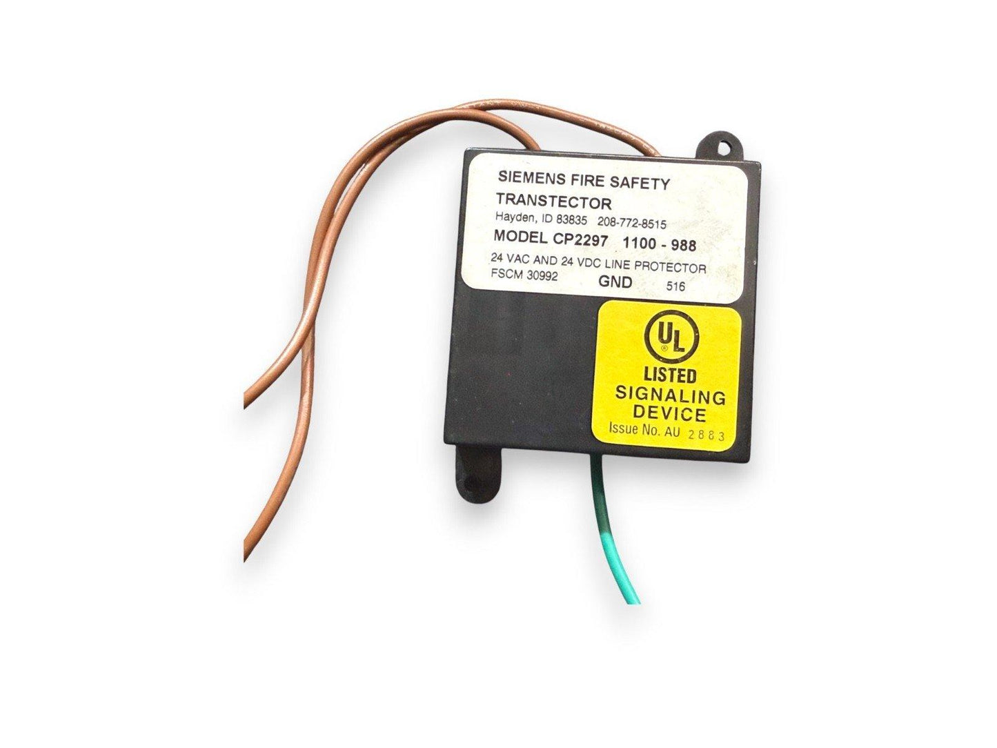 Siemens Fire Safety Transtector CP2297 line protector with UL listed signaling device label and wiring