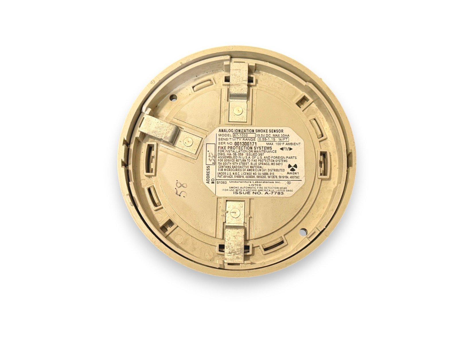 Analog ionization smoke sensor for fire alarm systems, model 67-1032, with installation details and UL listing.
