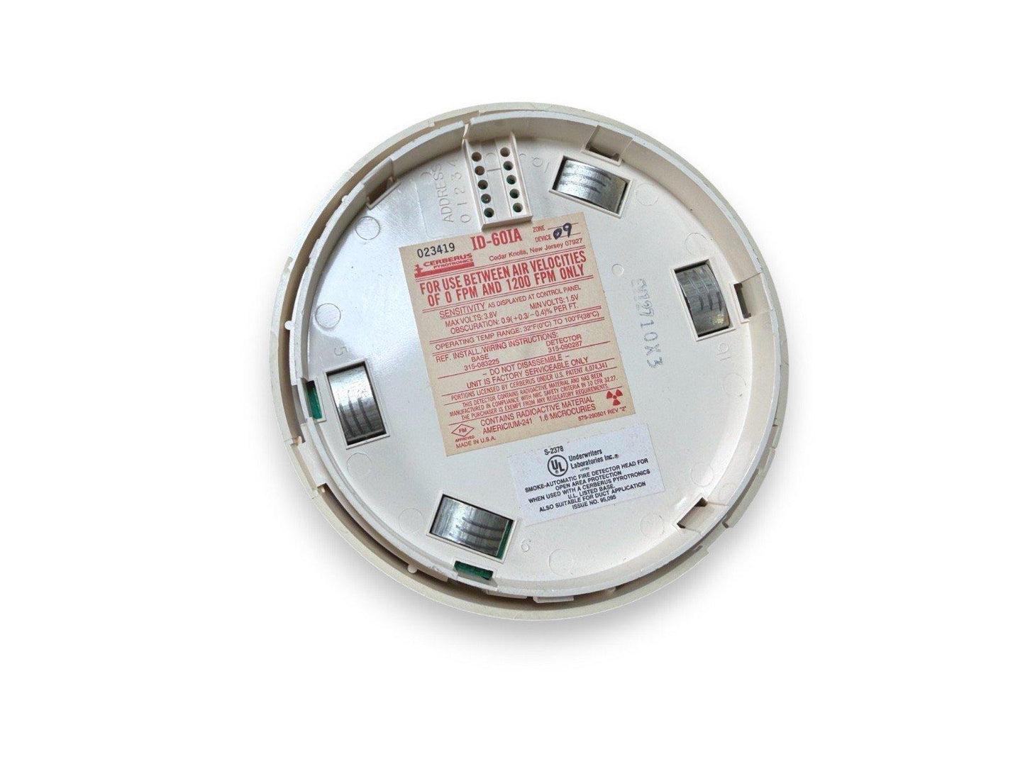 Cerberus ID-601A smoke detector head with wiring terminals and UL listing, for fire alarm systems