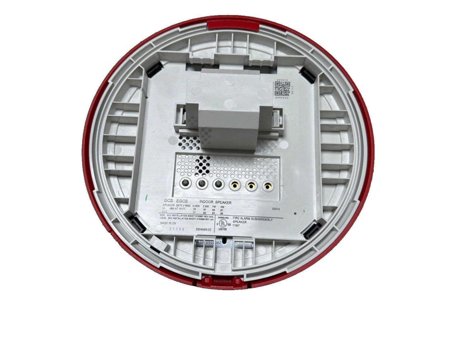 Red and white fire alarm speaker subassembly with mounting terminals and UL listing